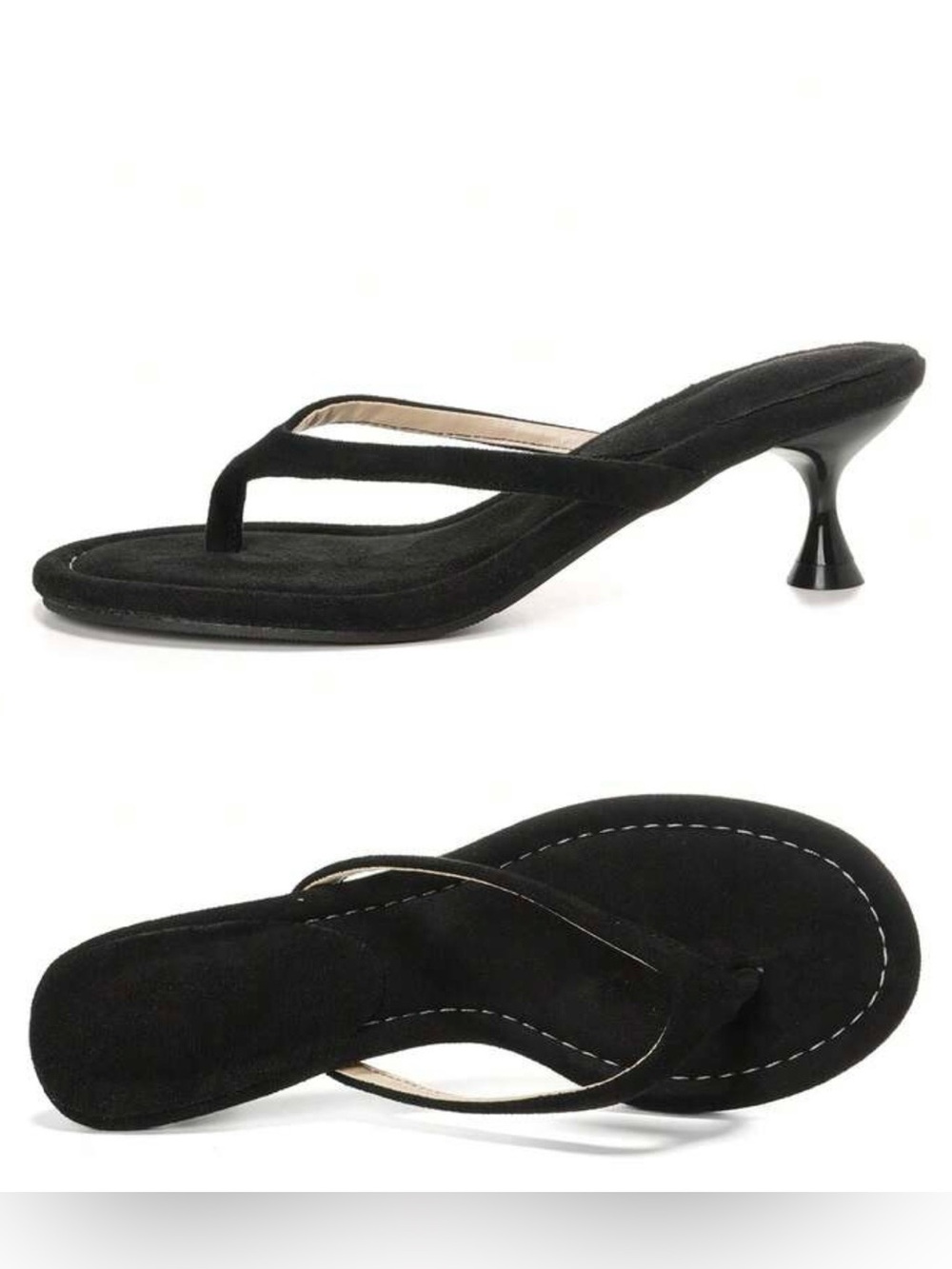 Black Suede Thong Kitten Heel Sandals